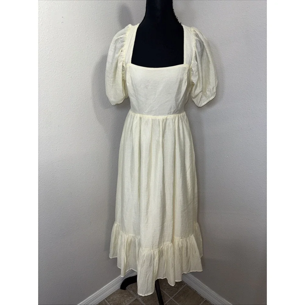 WAYF Midi Dress Women's Small Pale Yellow Stripped Open Back Puff Sleeve Cottage